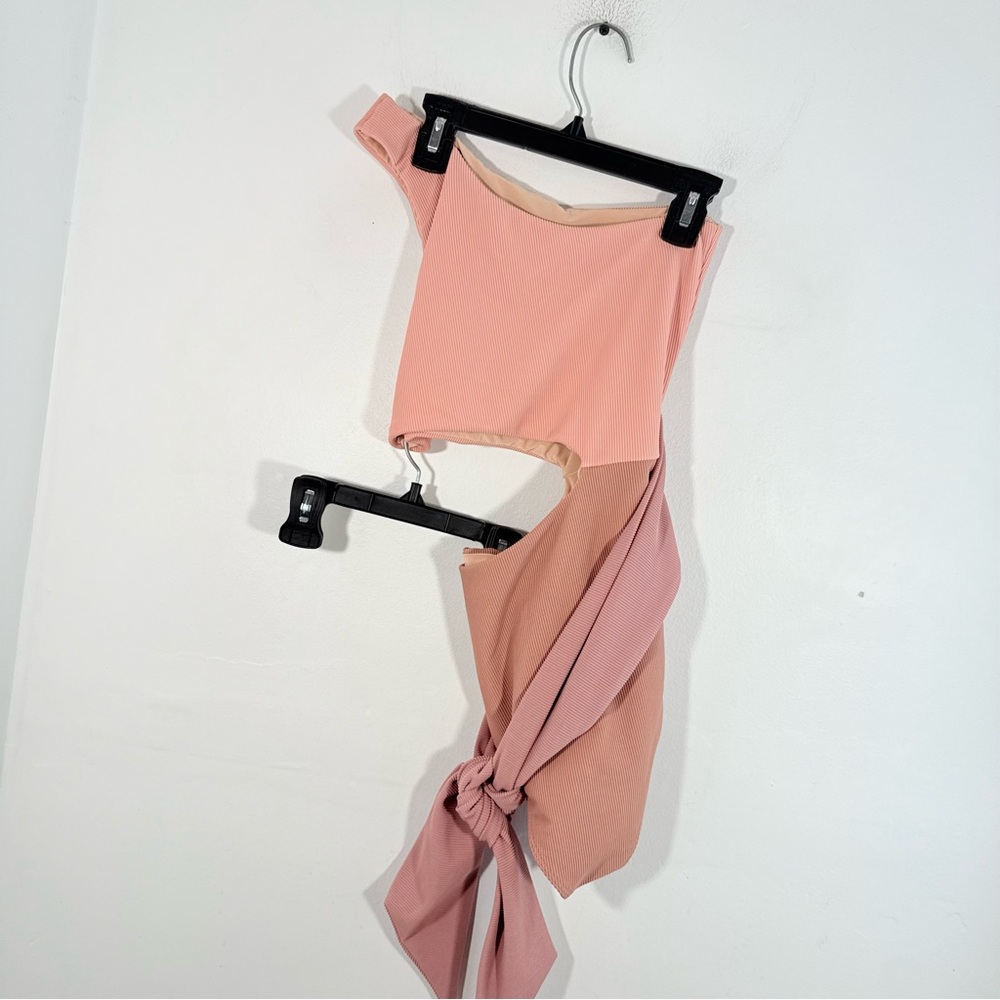 Beach Riot Carlie Blush Pink Ribbed One Shoulder Side Tie One Piece Swim Medium - Picture 9 of 13